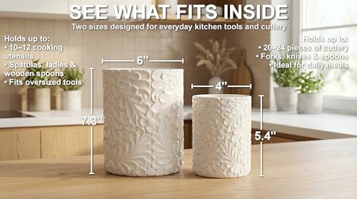 2-Piece Engraved Ceramic Utensil Holder Set for Kitchen, 7.3 & 5.4 Inch