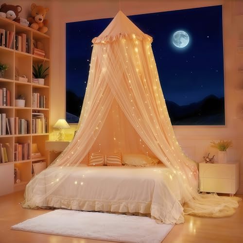 Princess Bed Canopy for Girls, Double Layer Canopy Fits Twin/Full Bed - Fairy Bed Tent for Kids Room Decor(with 250pcs Warm White Curtain Lights,Pink)