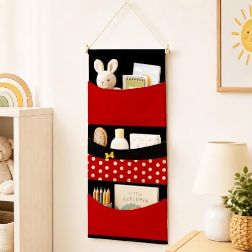 3-Pocket Hanging Wall Organizer, Useful Red Polka Dot Wall Pocket Storage