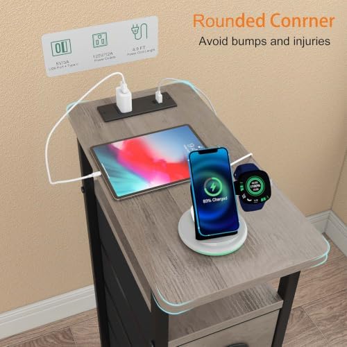 sthmec Side Table with Charging Station, Narrow End Table with 4 Drawers, Small Nightstands with Fabric Drawers,Slim Sofa Couch Side Tables for Small Spaces,Living Room,Bedroom, Grey