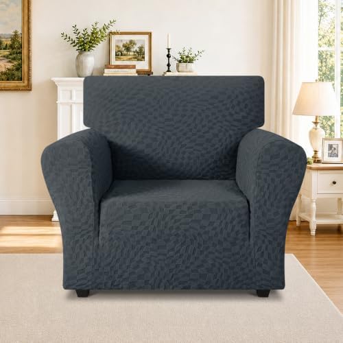 ZNSAYOTX 1 Piece Stretch Chair Cover with Arms (34"-44"), New Plaid Armchair Cover with Elastic Band for Living Room, Ultimate Soft Cozy Washable Chair Slipcover Form Fit Protector, Dark Grey