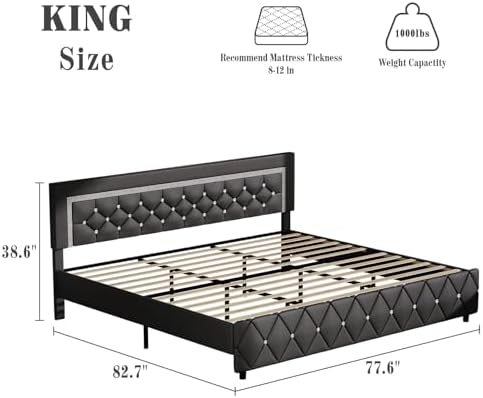 BarnFurin King Bed Frame with Diamond Tufted Headboard, Gray