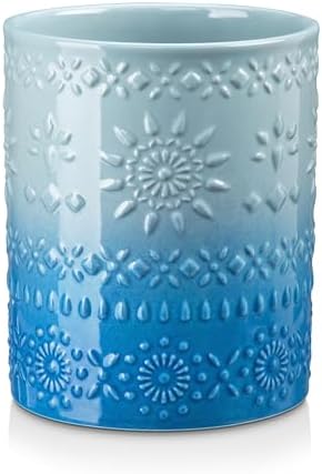 LOVECASA 7.2" Extra Large Ceramic Utensil Holder, Farmhouse Crock, Blue