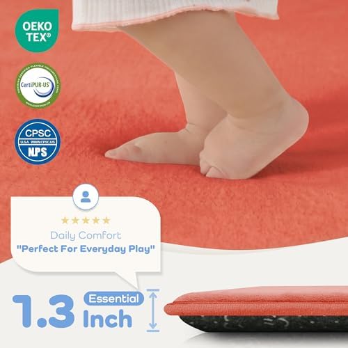 1.3" Thick Baby Floor Play Mat 50x50, Basic Padded Foam Mat for Tummy Time Crawling, Non Slip Cushioned for Babies Toddlers Infants Kids (Coral)