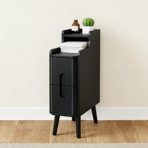 Narrow Nightstand Set of 2, Wood 2 Drawer Small Nightstand, Slim Side Table, Modern Skinny End Bedside Table, Natural Wood Night Stand with Drawers for Bedroom (Black-2 pc)