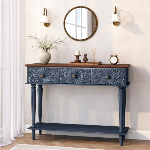 Retro Console Table with 3 Carved Floral Drawers for Entryway, Blue
