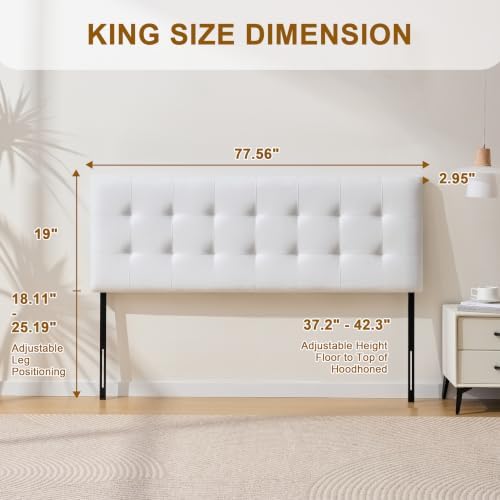 Linen Stitched Tufted King Headboard, Adjustable Height 37.2-42.3 in, White