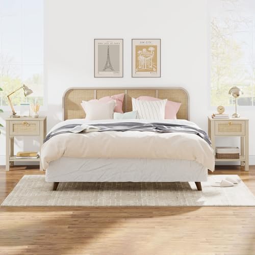 Eclatara Rattan Nightstand Set of 2: Sturdy Night Stand with Rattan Decor Drawer, Farmhouse Nightstand Bedside Table Boho End Tables Side Tables for Bedroom (Natural Light Oak,2 Pieces)