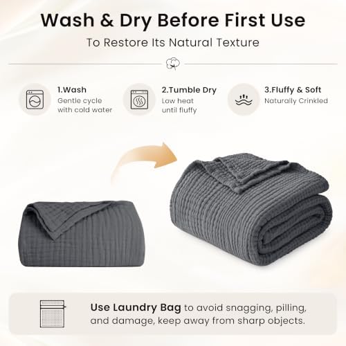 Love's cabin 100% Cotton Muslin Blanket Queen Size for Bed, Dark Grey