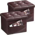 Bsketa Storage Ottoman Bench, 16" Folding Leather Foot Rest, Brown 2 Pack