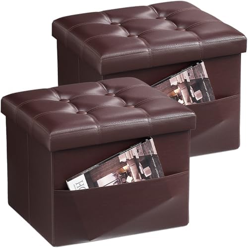 Bsketa Storage Ottoman Bench, 16" Folding Leather Foot Rest, Brown 2 Pack