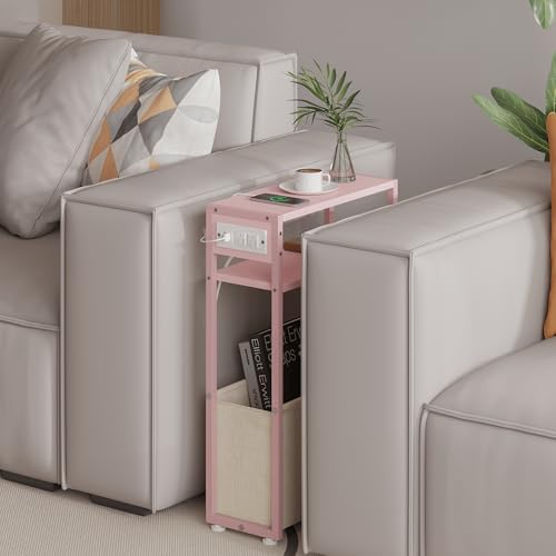 Leomonio Narrow Side Table, Slim Night Stand with Magazine Rack