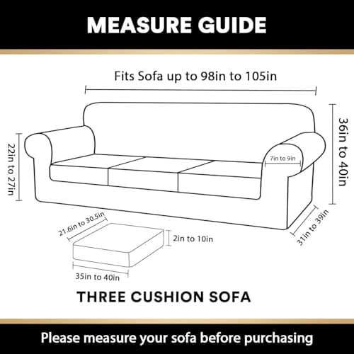 PrinceDeco Velvet XL Couch Cover for Oversized Sofa 4 Piece Sofa Covers for 3 Cushion Couch Washable Furniture Protector with Non Slip Elastic Bottom Width Up to 105 Inch(X-Large, Porcelain)