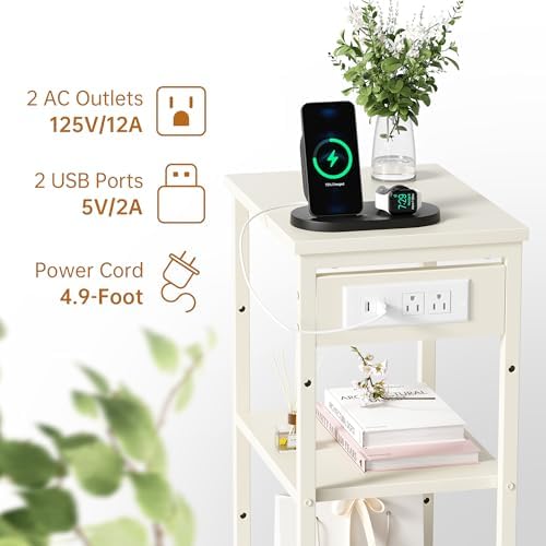 Asgolion Tall End Table with Charging Station, Narrow Tall Side Table