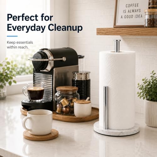 Chrome Paper Towel Holder for Kitchen Countertop, 304 Stainless Steel Roll Dispenser with White Engineered Marble Weighted Base, Freestanding Paper Towel Stand for Standard Rolls