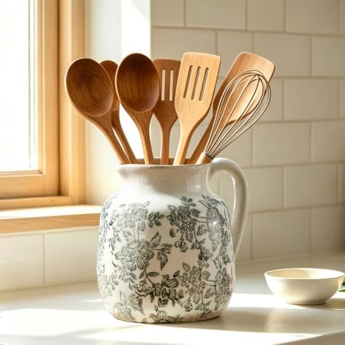 Ceramic Vintage Flower Vase, Utensil Holder, Chinoiserie Decorative Vase Decor Rustic Farmhouse Retro Floral Vases for Table Bookshelf Mantel Kitchen Living Room Office - 6.7” Gray 016