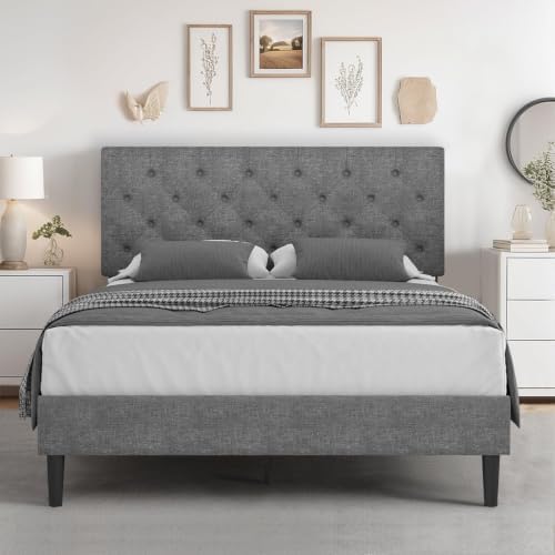 HOMBCK Full Bed Frame with Adjustable Headboard, Light Grey