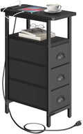sthmec End Table with Charging Station,Narrow Side Tables with USB Ports and Outlets,Skinny Bedside Tables with 3 Drawers,Small Tables Nightstands for Small Space,Slim Sofa Table for Livingroom,Black