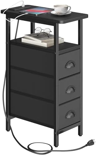 sthmec End Table with Charging Station,Narrow Side Tables with USB Ports and Outlets,Skinny Bedside Tables with 3 Drawers,Small Tables Nightstands for Small Space,Slim Sofa Table for Livingroom,Black