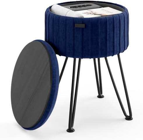 Round Ottoman with Storage, Pleated Velvet Storage Ottoman, Foot Stool Ottomans, Makeup Vanity Stool, Small Ottomans Foot Rest, Modern Vanity Stools for Living Room and Bedroom, Blue