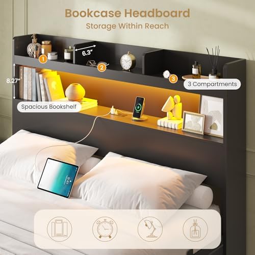 DICTAC Full Bed Frame with Storage Headboard & 5 Drawers, LED Bed Frame Full Size with Charging Station, Wooden Platform Storage Bed with Heavy-Duty Metal Support, No Box Spring Required, Noise-Free