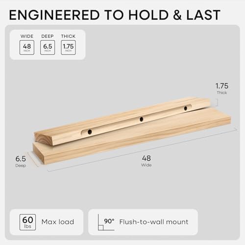 Homeforia 48 Inch Floating Shelves, High-End Solid Pine Wood, Set of 3