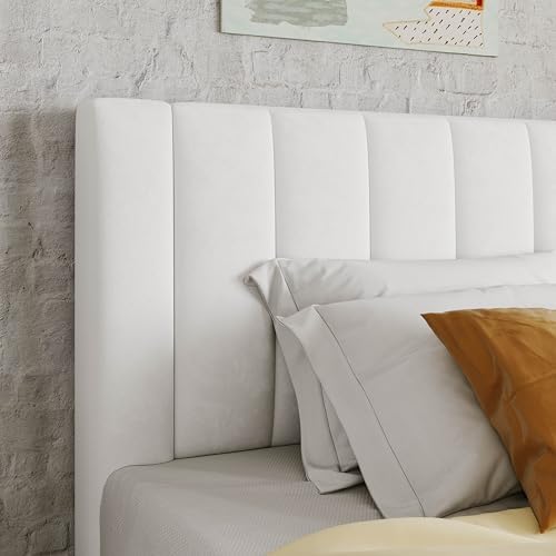 Allewie Twin Bed Frame/Velvet Upholstered Bed Frame with Vertical Channel Tufted Headboard/Strong Wooden Slats/Platform Bed Frame/Mattress Foundation/Box Spring Optional/Easy Assembly/White
