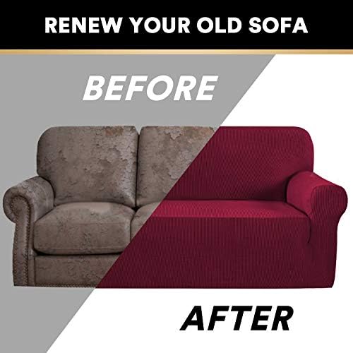 PrinceDeco Stretch Loveseat Sofa Cover Slipcover Couch Cover for 2 Cushion Sofa Washable Sofa Cover for Pets Friendly Furniture Protector Covers with Non Slip Bottom(Loveseat, Burgundy Red)