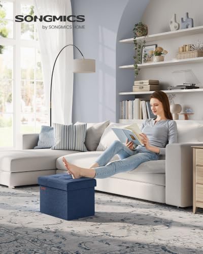 SONGMICS Mazie Collection - Small Folding Storage Ottoman, Foot Rest Stool, 12.2 x 16.1 x 12.2 Inches, 286 lb Load Capacity, for Living Room, Bedroom, Home Office, Dorm, Midnight Blue ULSF102Q02
