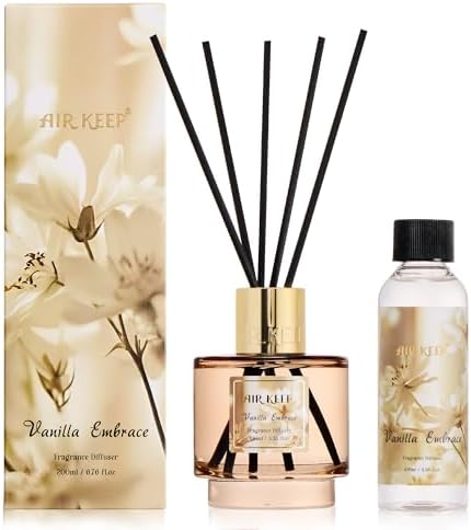 Airkeep Reed Diffuser Set with Refill & 8 Reed Sticks, 6.96 fl oz Vanilla Embrace Home Fragrance, Long Lasting Aromatherapy Diffuser for Bedroom, Bathroom & Living Room