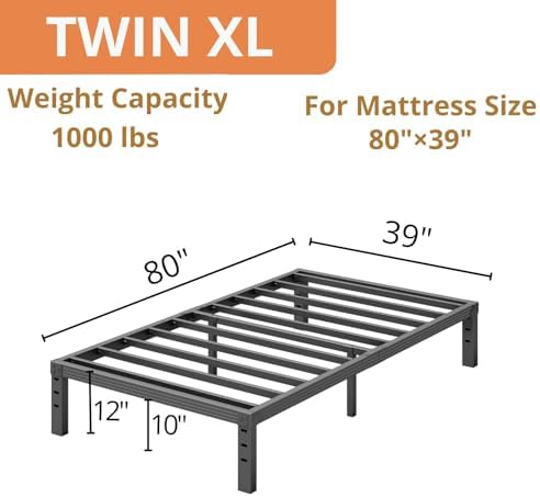Twin XL Bed Frames, 12 Inches Platform Bed Frame, 1000lbs Heavy Duty Steel Slat, Non-Slip Design, No Box Spring Needed, Easy Assembly, Quiet Noise Free, Under Bed Storage Space, Black