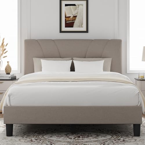 Novilla Full Size Bed Frame with Adjustable Headboard Platform Full Bed Frame with Linen Fabric Upholstered Headboard, No Box Spring Needed, Noise-Free, Wooden Slats Support, Easy Assembly, Beige