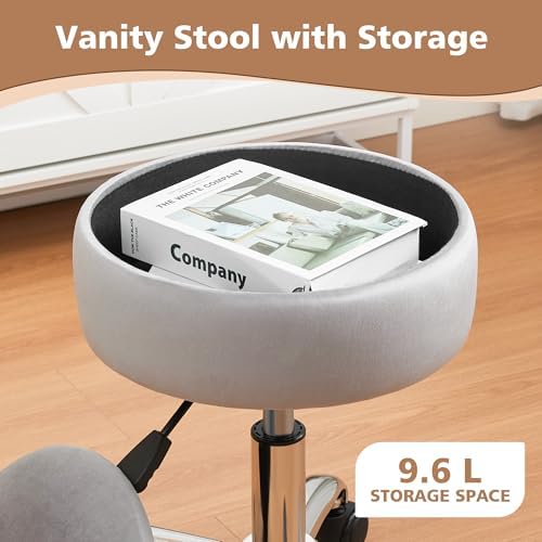 Adjustable Vanity Stool Storage Swivel Rolling Vanity Chair with Wheels