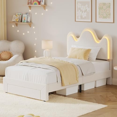 IDEALHOUSE Bed Frame with Adjustable Upholstered Headboard Boucle Platform Bed Frame with Storage Drawers Princess Bed Frame, No Box Spring Needed,Easy Assembly, Twin, White