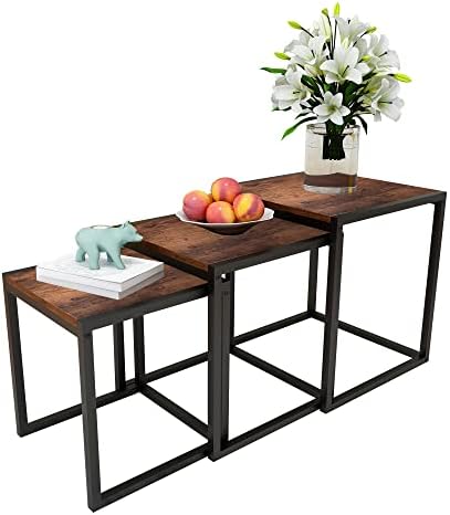 Nesting Coffee Table Set of 3, Stacking Metal Side Tables, Brown