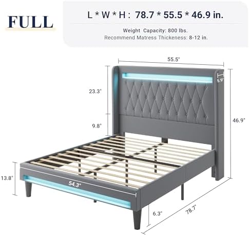 Allewie Full Size Upholstered Bed Frame with LED & Charging Station, Gray
