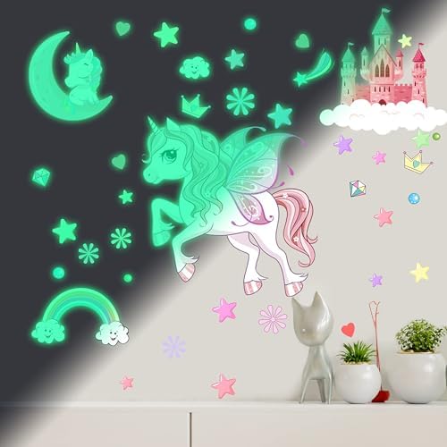 Glow in The Dark Stars Unicorn Wall Decals, Castle Moon Rainbow Stickers for Ceiling, DIY Unicorn Wall Decor for Nursery Girls Playroom, Kids Christmas Birthday Party Decoration