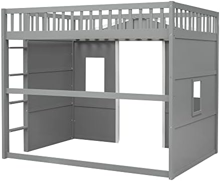 Full Size Wood Loft Bed, House Bed Frame with Ladder and Safety Guardrails for Kids, No Box Spring Needed, Gray+White