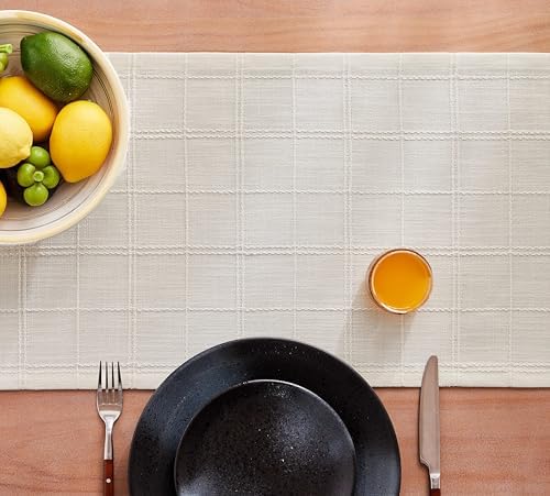 ZeeMart Linen Checked Farmhouse Table Runner, 13x36 Inches Ivory