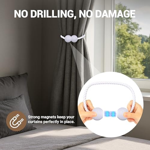 Hion Magnetic Curtain Tiebacks White 2pcs, Curtain Holdbacks Hooks Holders