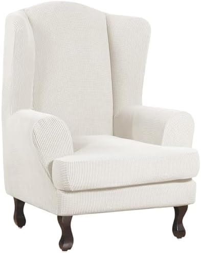 Turquoize Wingback Chair Covers 2 Piece Wing Chair Slipcover Stretch Slipcovers for Wingback Chairs Spandex Jacquard Fabric with Elastic Bottom Non-Slip Furniture Cover, Porcelain White