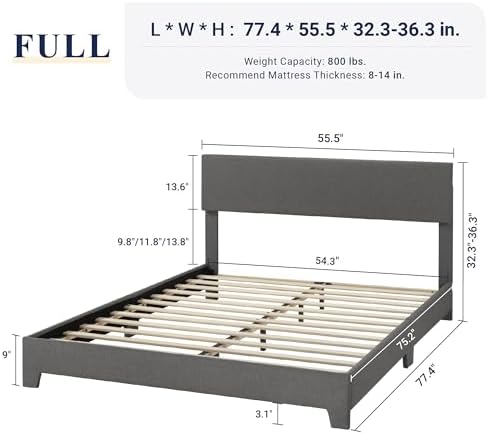 Allewie Full Size Upholstered Bed Frame Adjustable Headboard, Dark Grey