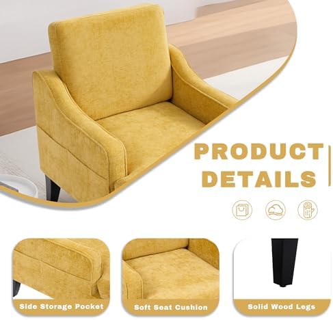 Accent Chair for Living Room,Mid-Century Arm Chair Chenille Fabric Living Room Chairs,Upholstered Reading Chair for Bedroom,Single Sofa Chair with Wood Legs for Apartment (Yellow)