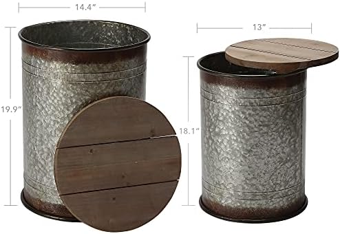 RUSTOWN Farmhouse Accent Side Table, Set of 2 Galvanized Storage Ottoman