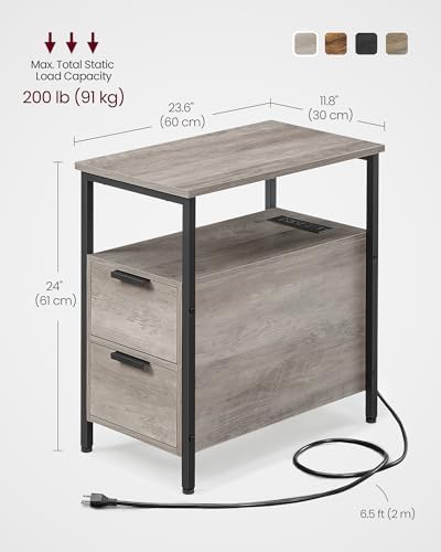 VASAGLE Side End Table with Charging Station, Slim Nightstand with Storage