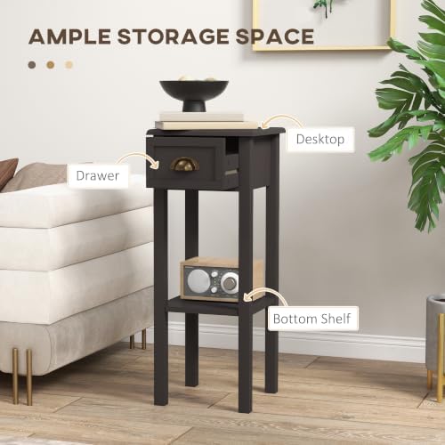 HOMCOM Narrow End Table with Drawer and Bottom Shelf Set of 1 Coffee