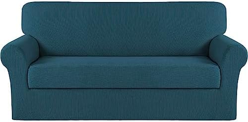 Turquoize Stretch Sofa Slipcover 2 Pieces Sofa Cover Couch Cover for 3 Cushion Couch Washable Furniture Protector Covers with Elastic Bottom Feature Thick Jacquard Fabric (Sofa, Deep Teal)