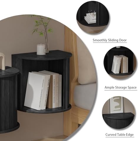 Black Floating Nightstand Set with Fluted Door