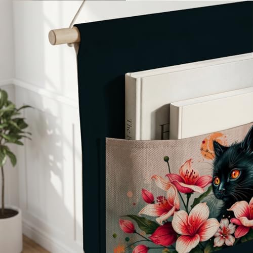IAXIC Canvas Wall Hanging Organizer with Pockets Fish Extender Hanging Pouch Floral Black Cat Door Closet Organizers Fabric Storage Pockets Wall Decoration
