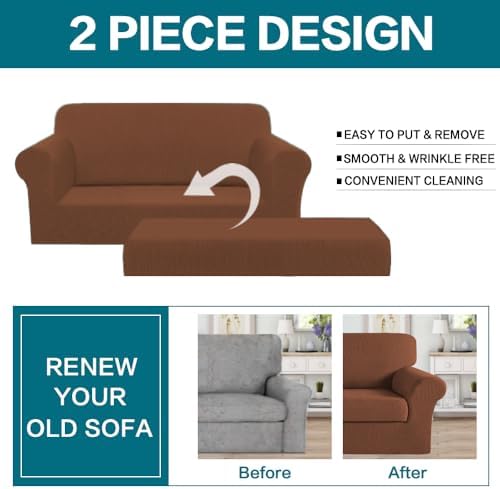 Turquoize Stretch Sofa Slipcover 2 Pieces Sofa Cover Couch Cover for 2 Cushion Couch Washable Furniture Protector Covers with Elastic Bottom Feature Thick Jacquard Fabric (Loveseat, Caramel)